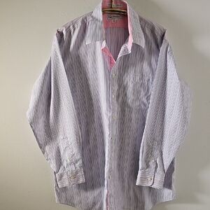 Paul Fredrick Men's Striped Shirt - Pink and White. No Iron. 17-34 100% Cotton.‎